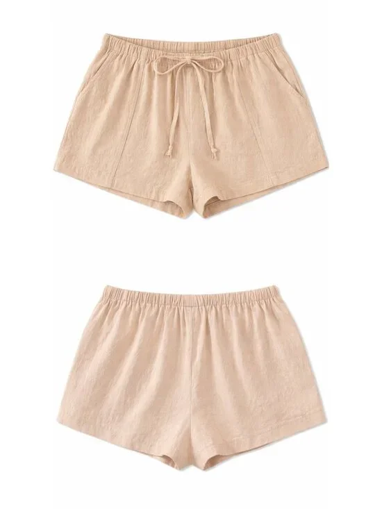 Beige Cotton Drawstring Shorts Casual Lounge Summer - Picture 2 of 2